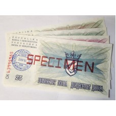 BOSNIA 1992 . TWENTY-FIVE 25 - ONE THOUSAND 1,000 DINARA BANKNOTES . SPECIMEN